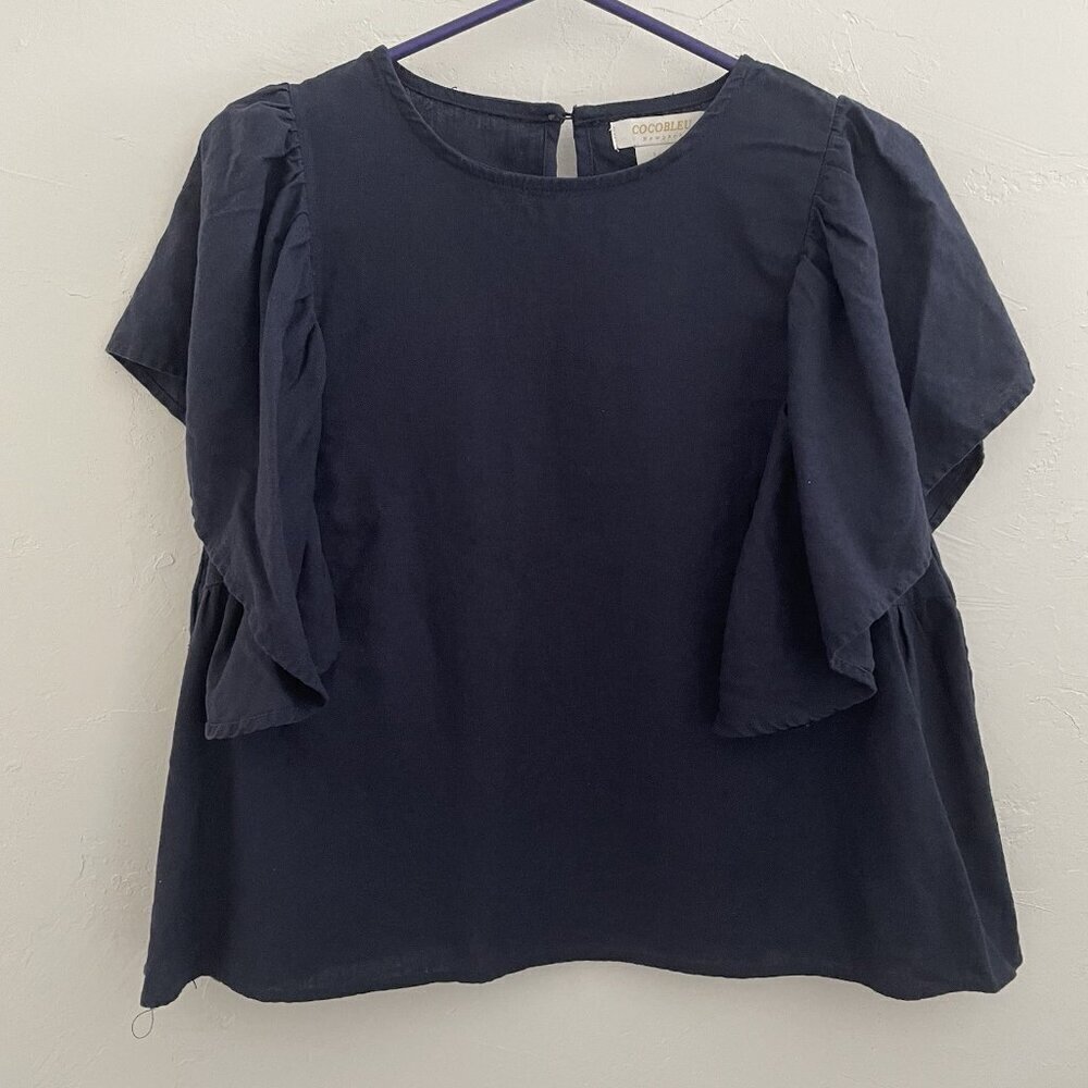 Cocobleu Women Linen Blend Boxy Crop Top Navy Blue L Vacation Cruise Resort